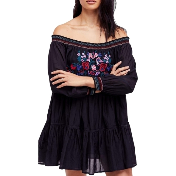 Free People Sunbeams Floral Embroidered Black Off The Shoulder Mini Dress - Picture 7 of 10